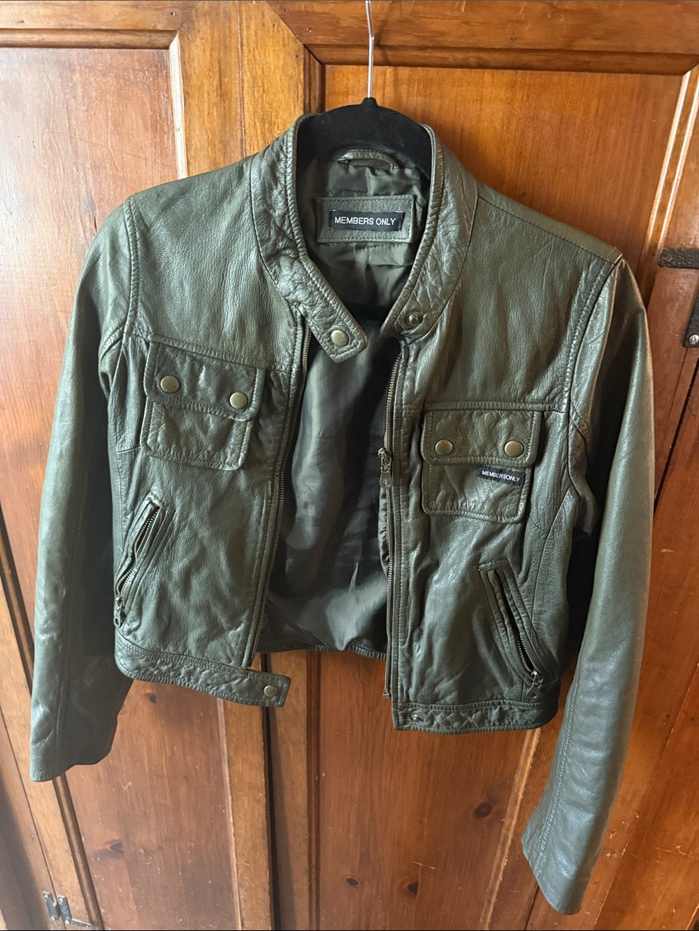Members Only Olive Green Leather Moto Jacket with Snap Pockets